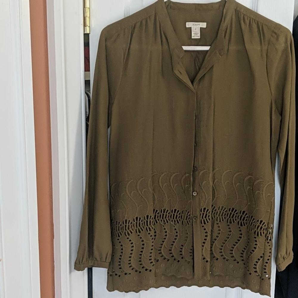 JCrew olive green button up shirt w/eyelet scallop
